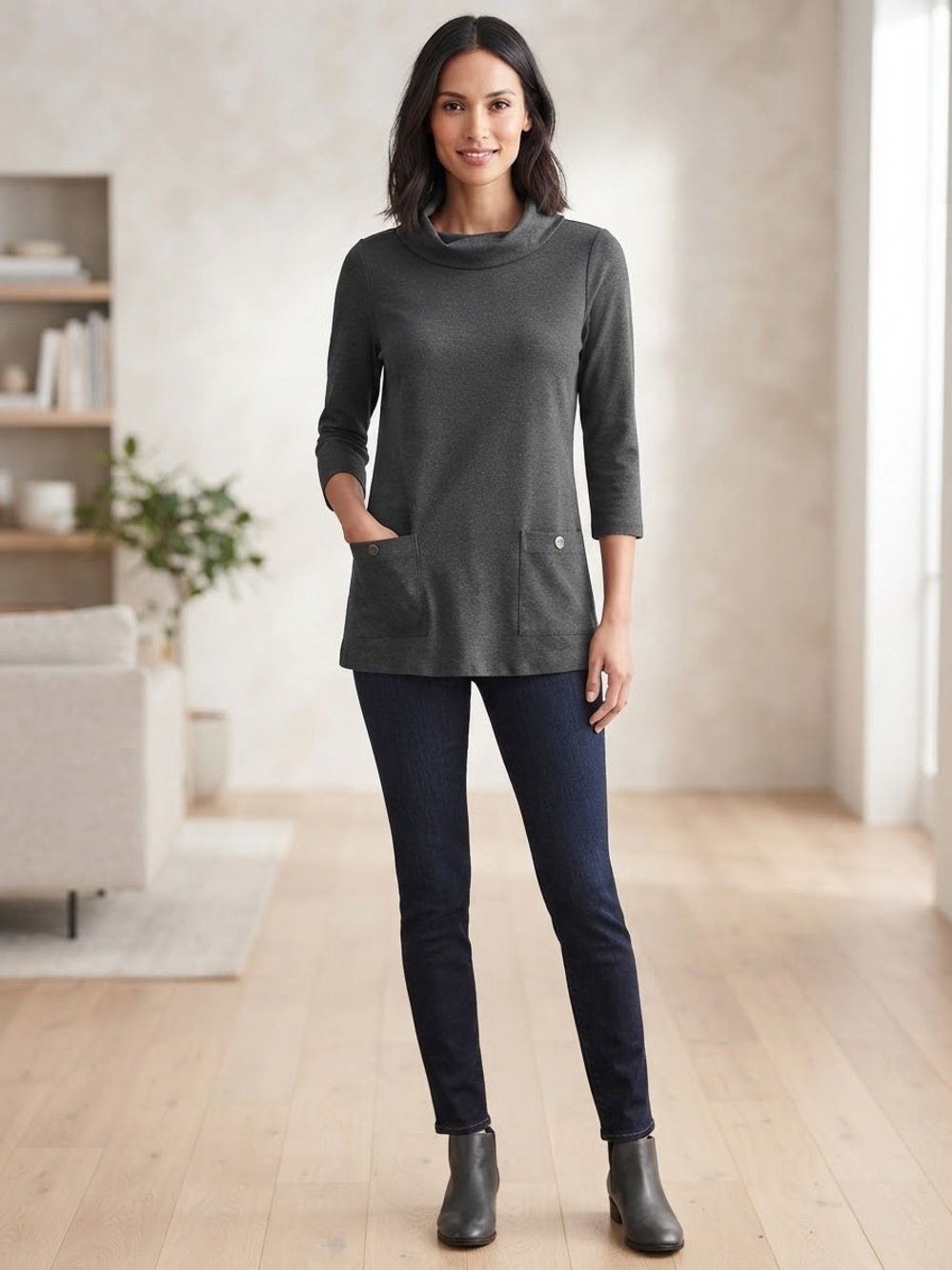 Ann Taylor Gray Cowl-Neck Tunic with Front Pockets